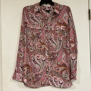 Talbots Pink Black Paisley Blouse Top Long Sleeve Button Size Large Polyester